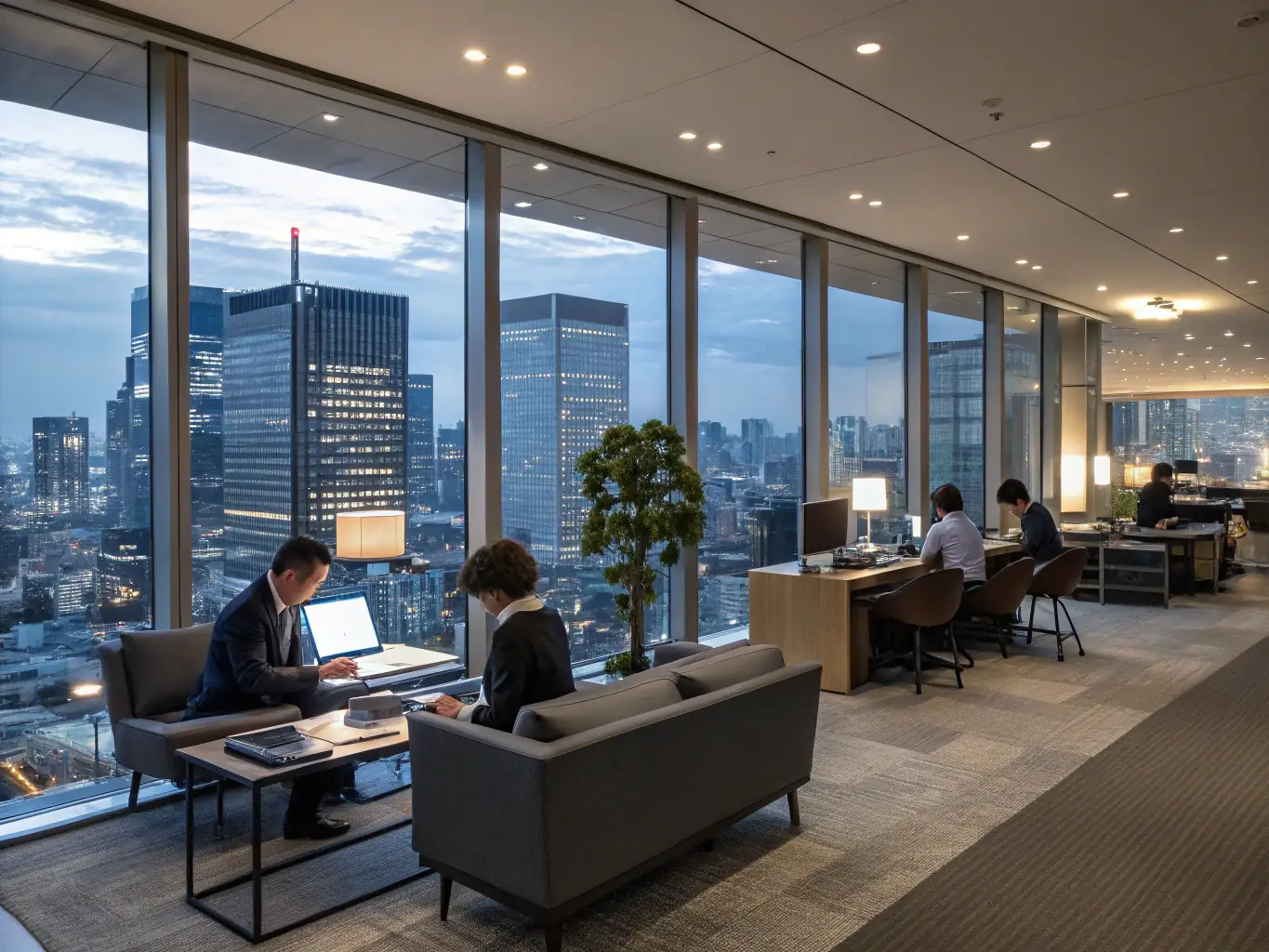 A modern office setting in Tokyo, with employees collaborating on a project, representing an IT job opportunity.