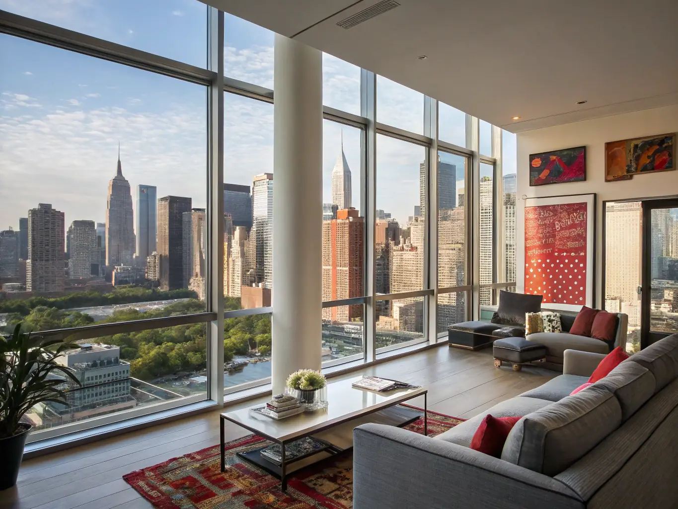 A modern apartment in Tokyo with a view of the city skyline, representing the high quality of life and advanced infrastructure available to workers in Japan.