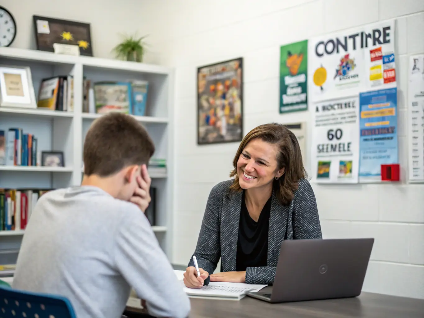 A counselor advising a young professional with career charts and Japanese culture materials on the table, illustrating Stallion Lanka's commitment to personalized career guidance.