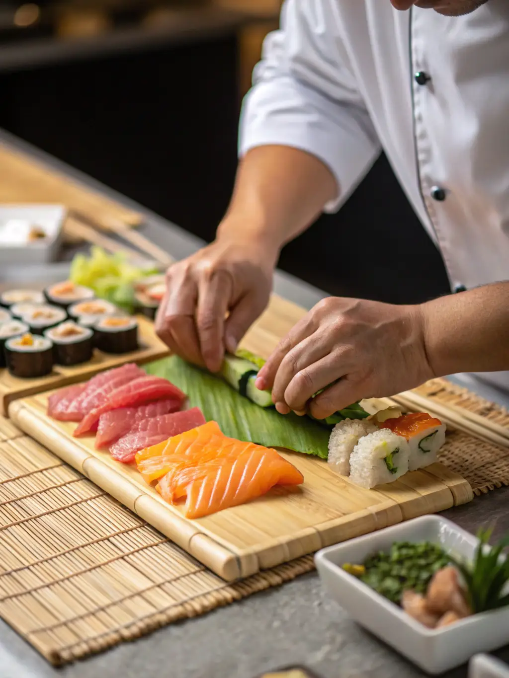 A chef in a traditional Japanese restaurant, preparing sushi, highlighting culinary job opportunities available through Stallion Lanka.