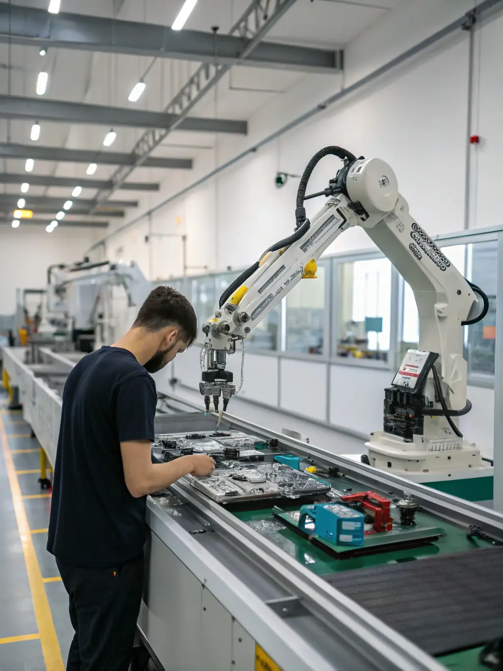 A Japanese factory worker in a clean, modern facility, assembling electronics with precision and focus, showcasing a typical manufacturing job available through Stallion Lanka.