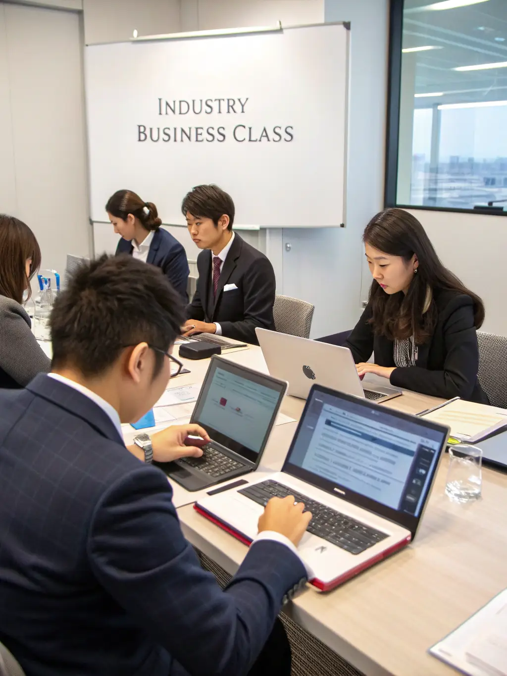A photo of trainees at Stallion Lanka working on computers, learning about Japanese business culture and etiquette.